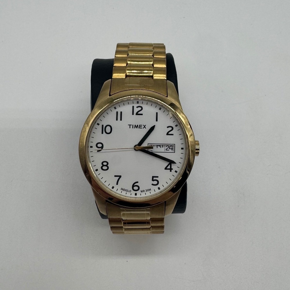 Timex Indiglo Easy Reader Gold Tone Expansion Band Watch White Dial Day Date W3